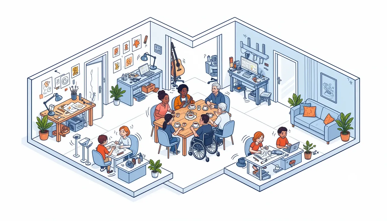 Illustration eines offenen Gemeinschaftsorts: Menschen verschiedener Generationen sitzen zusammen, lernen, gestalten und reparieren. Eine Person im Rollstuhl gehört selbstverständlich zur Runde.