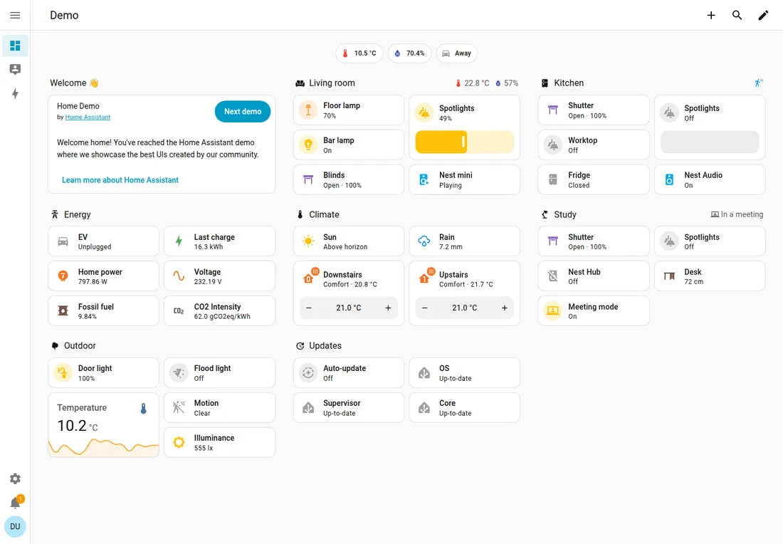 Öffentliche Home-Assistant-Demo mit Lichtsteuerung, Rollläden, Temperatur und Energieanzeigen für mehrere Räume.