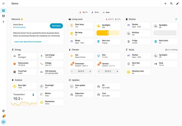 Öffentliche Home-Assistant-Demo mit Lichtsteuerung, Rollläden, Temperatur und Energieanzeigen für mehrere Räume.